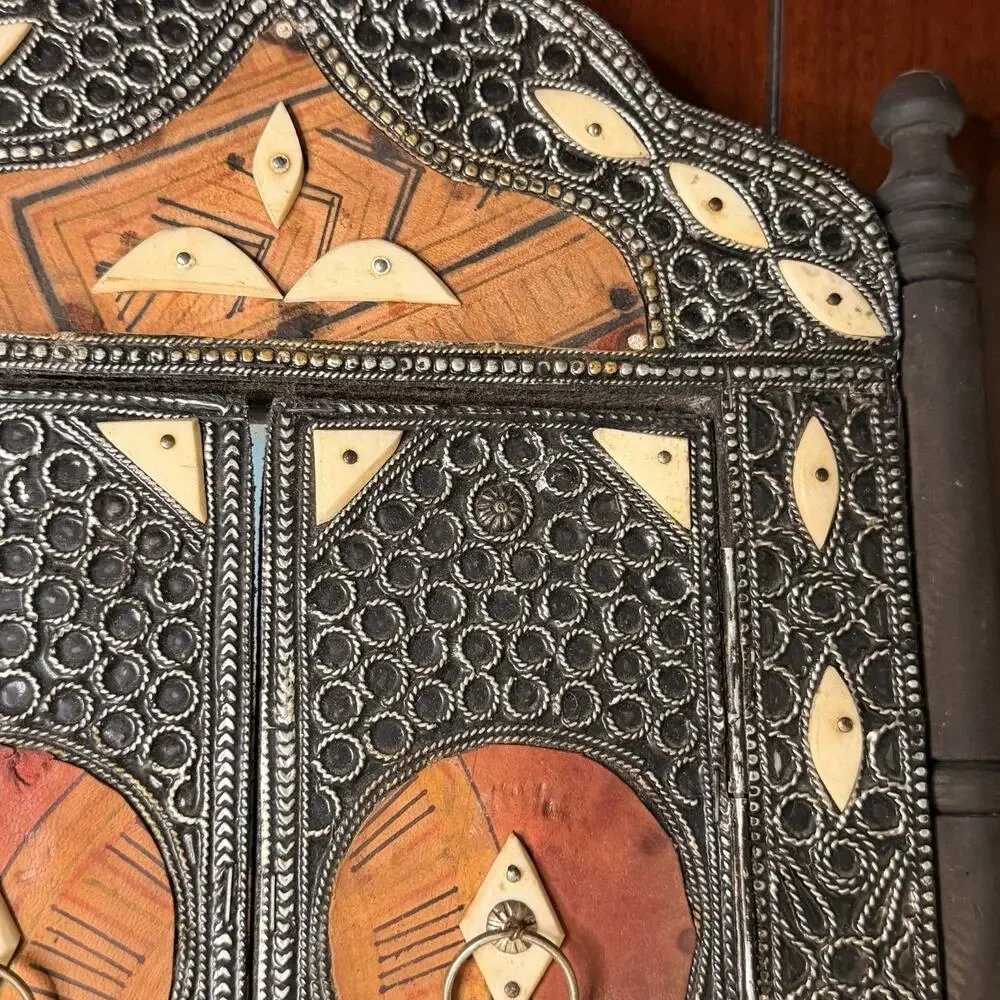 Vintage Moroccan Wall Mirror With Camel Bone Inlay, Leather, And Metalwork